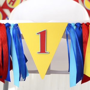 Red, Yellow, Blue Pennant High Chair Banner | Curious George First Birthday Banner Cake Smash Photoshoot Bunting Swag