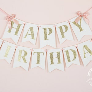 Blush Pink and Gold Birthday Banner with Bows First Birthday Banner Just HAPPY BIRTHDAY