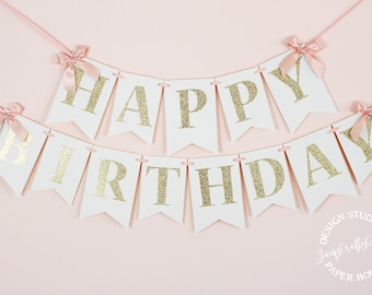 Blush Pink and Gold Birthday Banner with Bows | First Birthday Banner