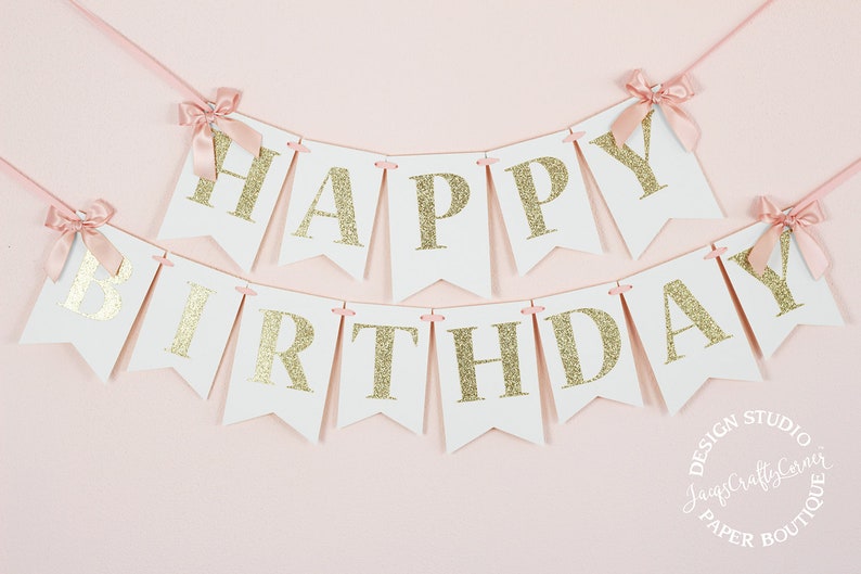 Blush Pink and Gold Birthday Banner with Bows First Birthday Banner image 1