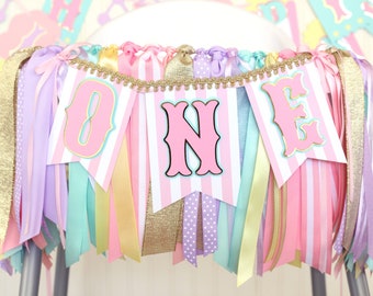 Pastel Carnival Circus High Chair Banner and Ribbon Garland Set | Pink, Light Purple, Light Aqua, Pastel Yellow and Gold 'ONE' or 'TWO'