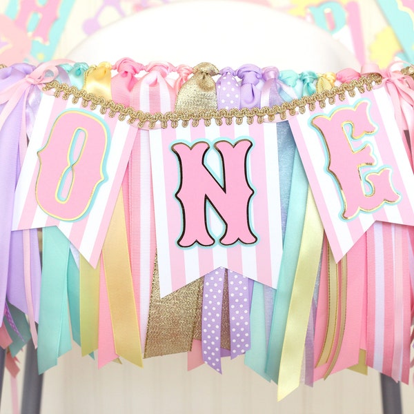 Pastel Carnival Circus High Chair Banner and Ribbon Garland Set | Pink, Light Purple, Light Aqua, Pastel Yellow and Gold 'ONE' or 'TWO'