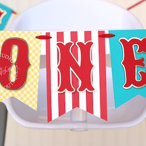 Carnival Circus High Chair Banner | Red White Turquoise Yellow and Gold &#39;ONE&#39; or &#39;TWO&#39;
