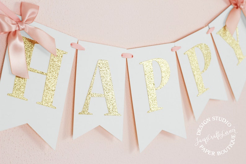 Blush Pink and Gold Birthday Banner with Bows First Birthday Banner image 3