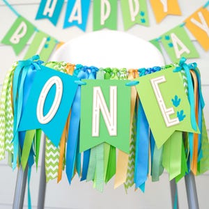 Blue, Teal, Green, Orange and Gold High Chair Banner and Ribbon Garland Set | Little Dino Birthday &#39;ONE&#39; or &#39;TWO&#39; | Dinosaur Party