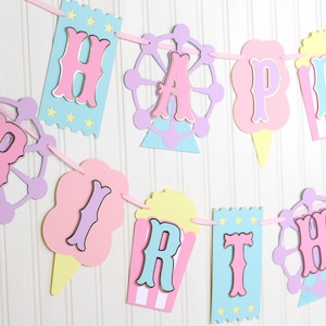 Karneval-Zirkus-Geburtstags-Girlande Riesenrad Cotton Candy Popcorn und Ticket Banner | Pink, Lila, Minze, Pastellgelb und Metallic Gold