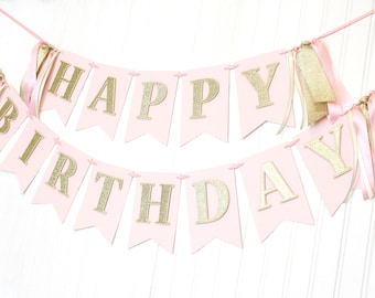 Blush Pink, Ivory and Gold Birthday Banner with Ribbon