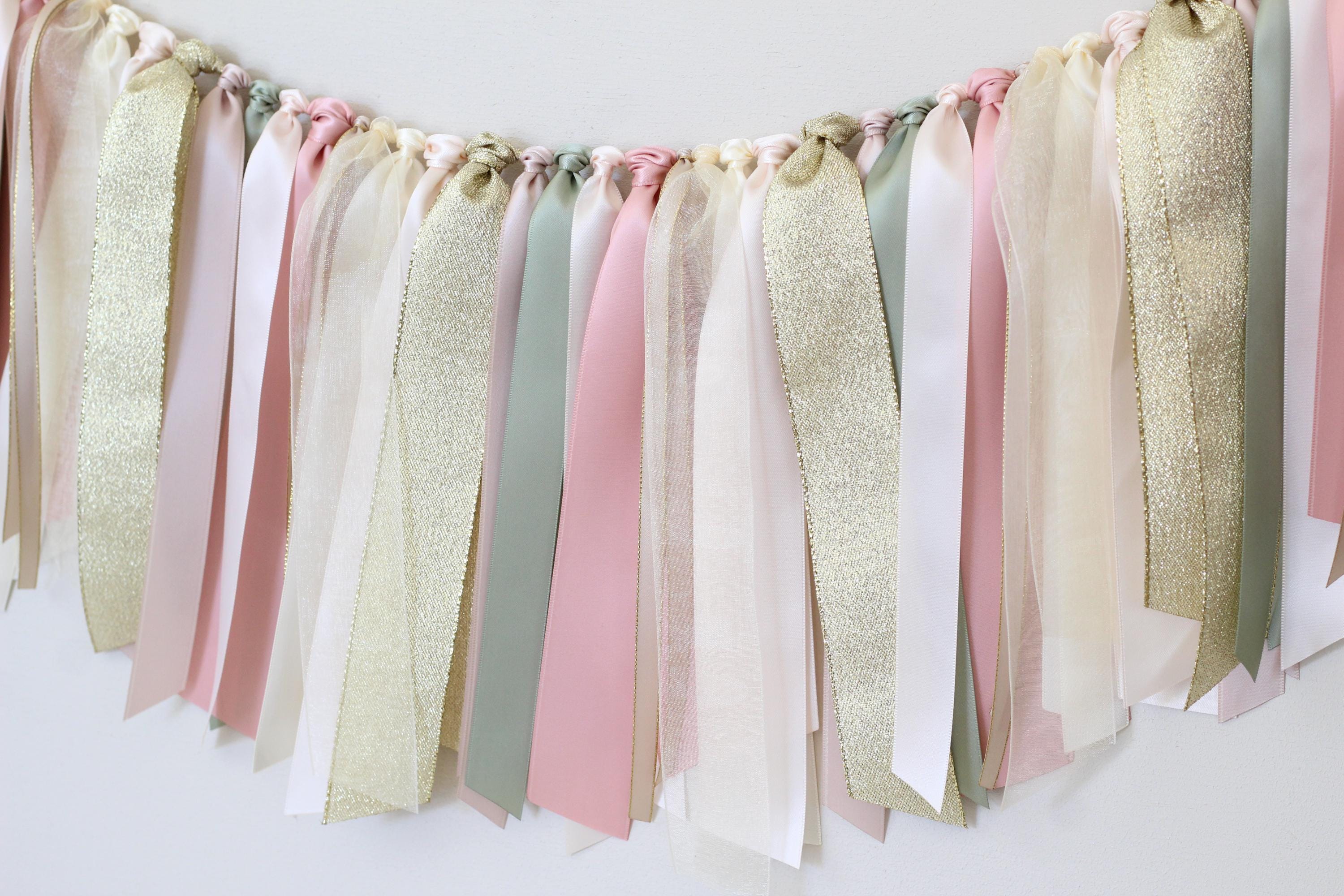 Blush, Ivory, Sage and Gold Ribbon Garland | Baby Fawn Baby Shower