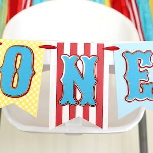 Carnival Circus High Chair Banner | Red White Light Blue Turquoise Yellow and Gold &#39;ONE&#39; or &#39;TWO&#39;