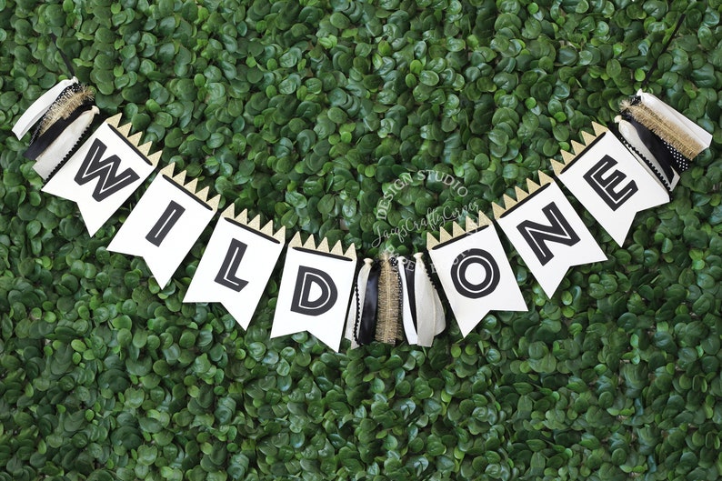 Wild One First Birthday Banner with Ribbon Black White and Gold Woodland 1st Year Party