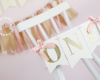 Blush Pink and Gold High Chair Birthday Banner with Bows