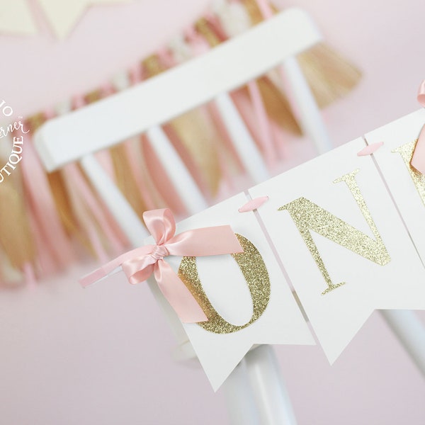 Blush Pink and Gold High Chair Birthday Banner with Bows