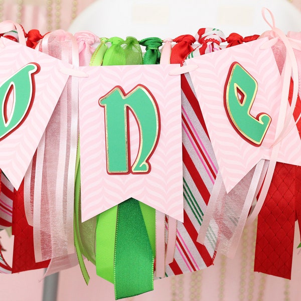 Pink Grinch Christmas High Chair Banner | Holiday First Birthday Swag | Light Pink, Candy Cane Red, Green and Gold ONE