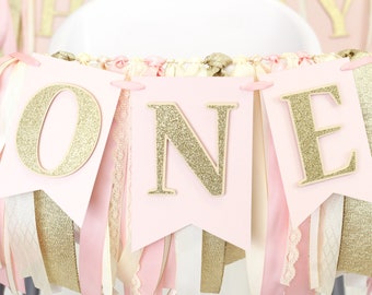 Blush Pink and Gold Banner and Ribbon Garland Set | Blush Pink, Ivory and Gold Party