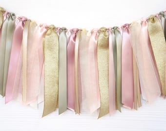Blush, Ivory, Sage and Gold Ribbon Garland | Baby Fawn Baby Shower