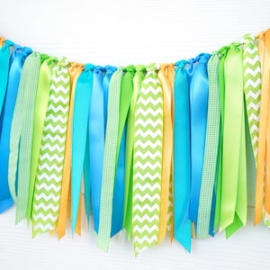 Blue, Teal, Green, Light Orange and Gold Ribbon Garland | Little Dino First Birthday | Dinosaur Party Decorations