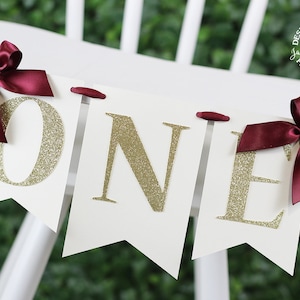 Burgundy and Gold Highchair Birthday Banner with Bows