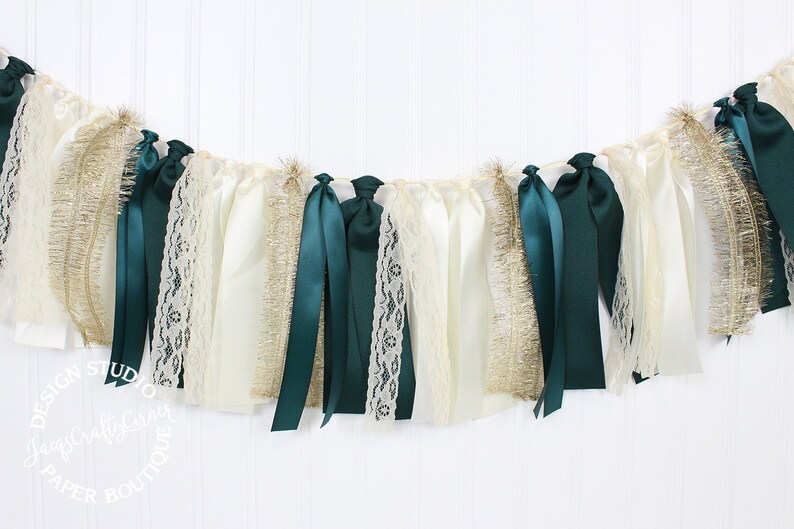 Bridal Ribbon Garland Forest Green Hunter Green and Gold Fall Wedding Decoration Pearl White and Gold