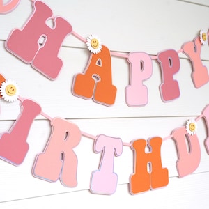 Groovy Birthday Banner | 70s Theme Party Decorations | Pink, Peach, Orange, and Rosewood