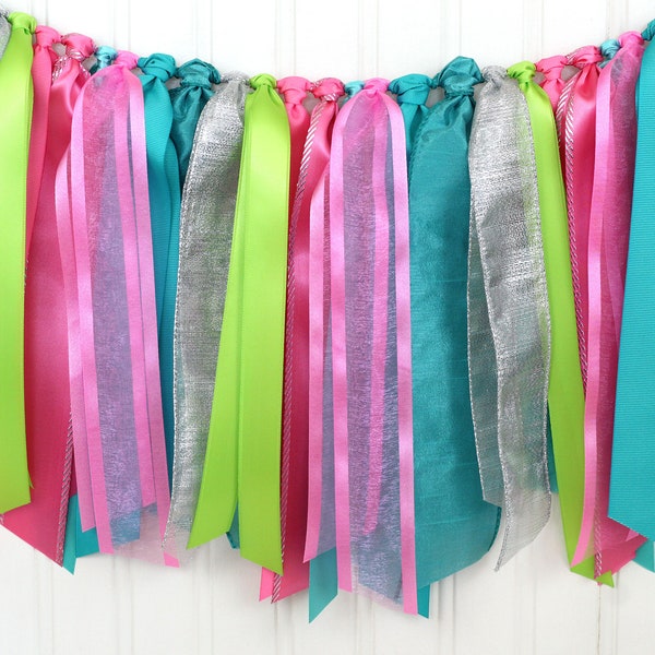 Hot Pink, Teal, Lime and Silver Ribbon Garland | Bold and Bright Birthday Girl