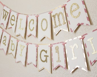 Pink and Gold Baby Shower Banner | Welcome Baby Girl 2.0