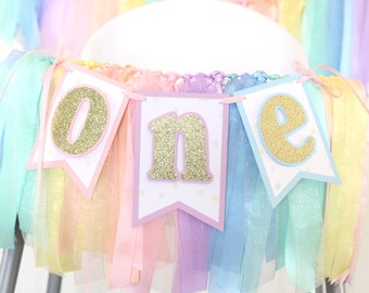 Pastel Rainbow High Chair Birthday Banner and Ribbon Garland Set | Unicorn, Ice Cream Sprinkles Party