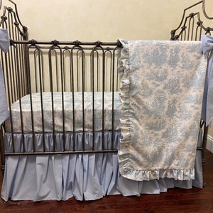 Baby Boy Crib Bedding, Blue Toile, Light Pale Blue Crib Skirt, Blanket, Crib Bows