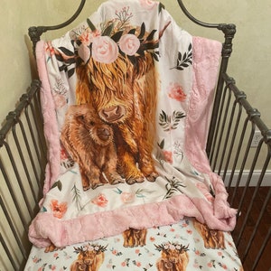 Baby Girl Crib Bedding, Highland Cow Spring Floral Crib Sheet and Blanket Set, Girl Toddler Bedding, Pink Highland Cow Bedding