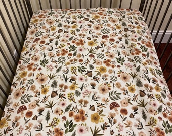 Cotton Crib Sheet, Baby Mushrooms and Woodland Floral Crib Sheet, Woodland Nursery