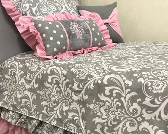 Twin Full Queen Size Gray and Pink Damask Big Girl Bedding, Coverlet