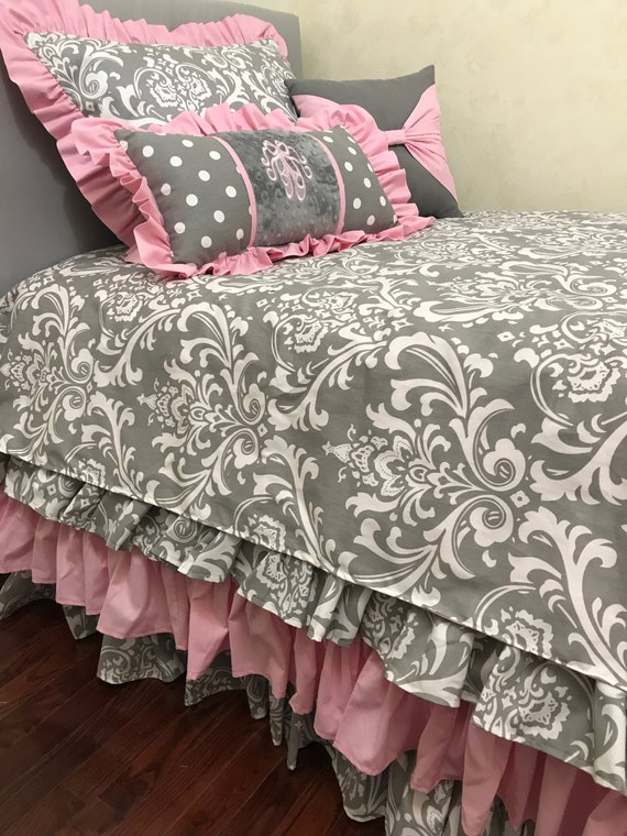 Twin Full Queen Size Gray And Pink Damask Big Girl Bedding Etsy