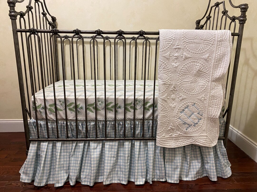 Soft Blue and Green Crib Bedding, Stripes and Vines Cotton Crib Sheet, Blue Gingham Crib Skirt