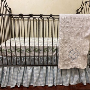 Soft Blue and Green Crib Bedding, Stripes and Vines Cotton Crib Sheet, Blue Gingham Crib Skirt, Personalized Baby Quilt