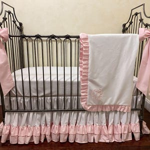 White and Pale Pink Baby Girl Crib Bedding, Crib Skirt, Blanket, Crib Bows