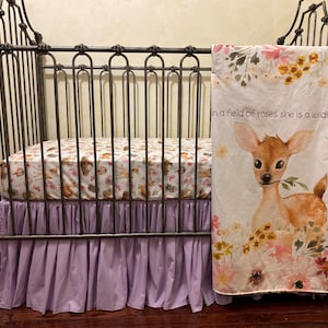 Baby Girl Crib Bedding, Woodland Friends Crib Bedding, Crib Sheet, Deer Blanket, Lavender Crib Skirt
