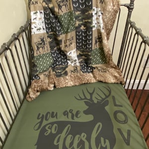 Baby Boy Woodland Crib Bedding, Deer Crib Bedding, Deer Minky, Camo, Deerly Loved Blanket, Crib Sheet, Camo Crib Skirt