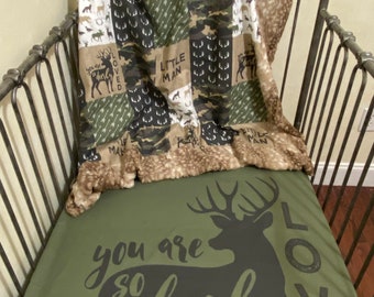 Baby Boy Woodland Crib Bedding, Deer Crib Bedding, Deer Minky, Camo, Deerly Loved Blanket, Crib Sheet, Camo Crib Skirt