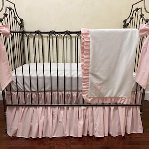Pale Pink and White Baby Girl Crib Bedding Set, Crib Skirt, Blanket, Crib Bows