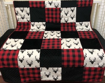 Patchwork Baby Blanket - Black Deer, Red & Black Buffalo Plaid, Black Minky Dot, Crib Blanket