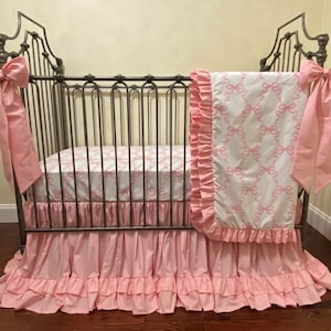Pink Ribbon Bow Trellis Baby Girl Crib Bedding, Pink Crib Skirt, Pink Bow Crib Sheet, Pink Bow Baby Blanket