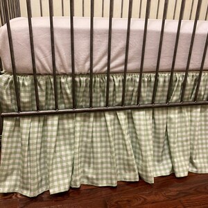 5 Colors Gingham Plaid Gathered Crib Skirt, Baby Boy, Baby Girl Crib Bedding, Blue, Pink, Sage Green, or Tan Gingham Crib Skirt