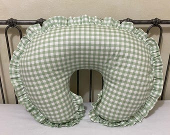 Sage Green Gingham Nursing Pillow Cover with Ruffle
