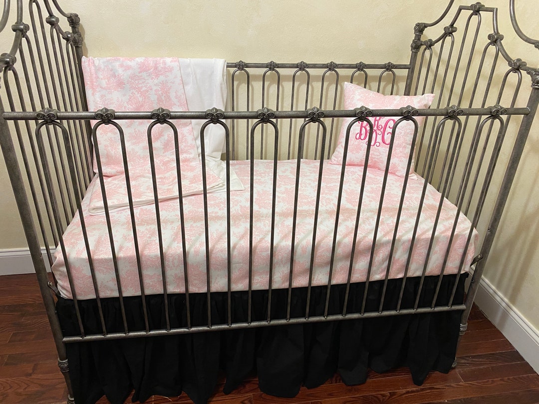 Pink Toile With Black Crib Bedding, Girl Baby Bedding, Toile Crib Sheet, Personalized Baby