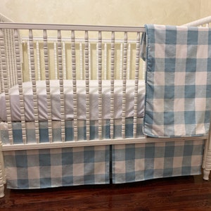 Buffalo Plaid Crib Bedding, Boy Baby Bedding, Light Blue Buffalo Plaid Crib Skirt, Baby Blanket