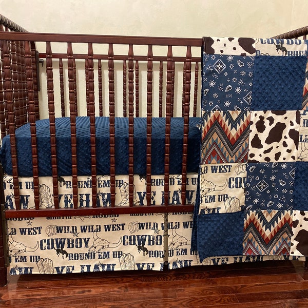 Western Crib Bedding Set, Cowboy Baby Bedding, Navy Blue, Brown, Cream Baby Crib Bedding, Cowboy Crib Skirt, Patchwork Baby Blanket