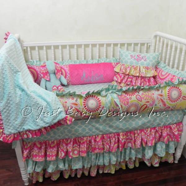 Baby Crib Bedding Set Madison - Girl Baby Bedding, Kumari Garden Crib Bedding, Hot Pink Crib Bedding, Ruffle Skirt