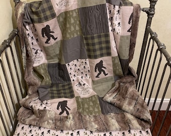 Baby Boy Bigfoot Crib Sheet, Baby Blanket Set, Woodland Nursery Bedding, Toddler Bedding