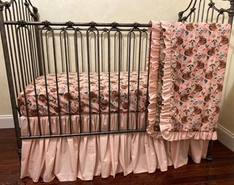 Girl Woodland Fawn Crib Bedding, Baby Girl Crib Bedding, Woodland Fawn with Pink Crib Bedding