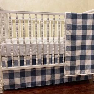 Buffalo Plaid Crib Bedding, Boy Baby Bedding, Navy and White Buffalo Plaid Crib Skirt, Baby Blanket