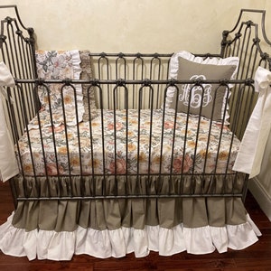 Baby Girl Linen Crib Bedding, Floral Baby Bedding, Floral Crib Sheet, Linen Crib Skirt, Floral Baby Blanket